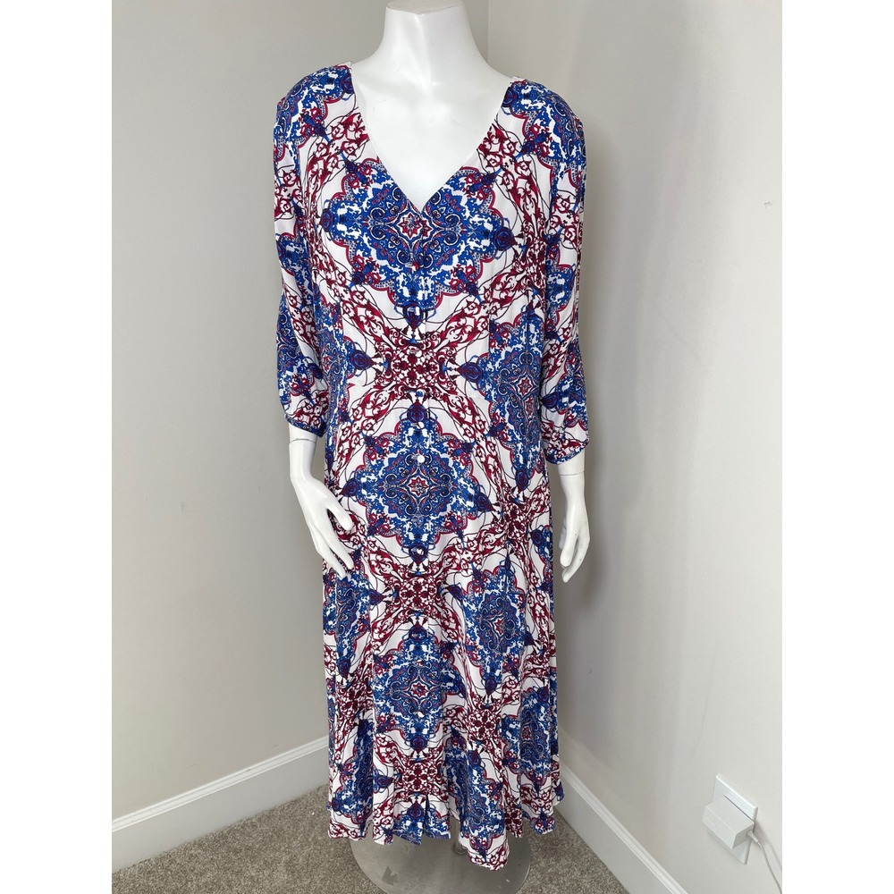 Talbots Paisley Print Button Front Midi Dress Red Blue V-Neck 3/4 Sleeve Size 12